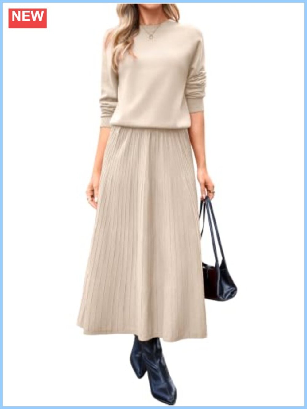 Ribbed Knit Long Sleeve Top & Midi Skirt Set Women's 2 Piece Sweater Set